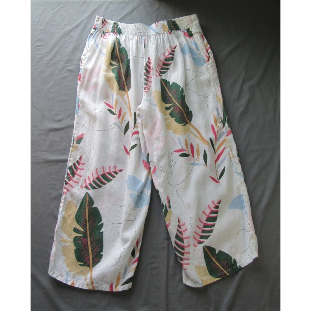 Cynthia Rowley 100% Linen Wide Leg Pull-On Crop Pants XL White Floral Beach Boho